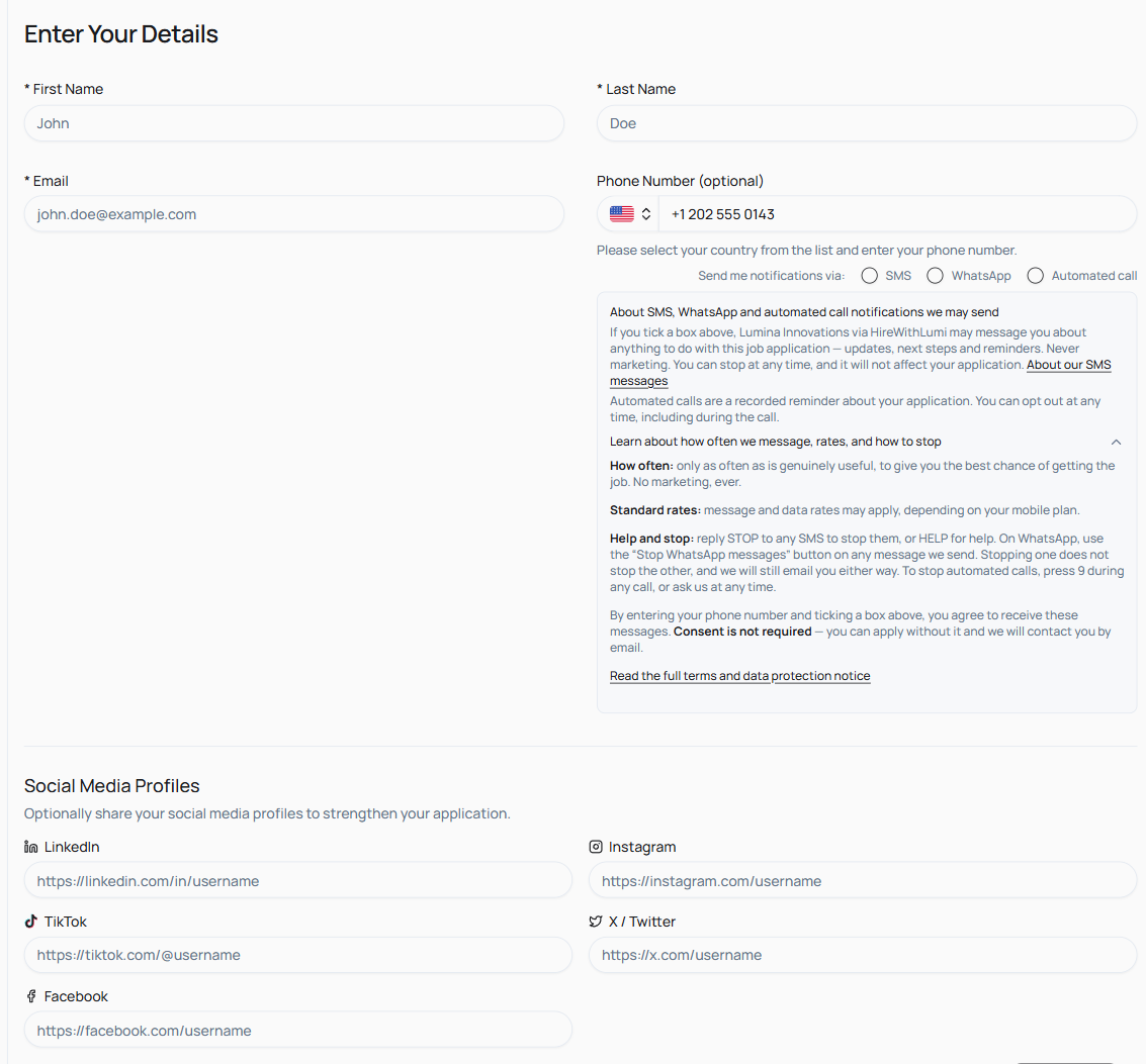 HireWithLumi application form, Enter Your Details step. A US phone number is entered and the SMS, WhatsApp and Automated call boxes are all unticked, with the consent wording and links to SMS terms below.